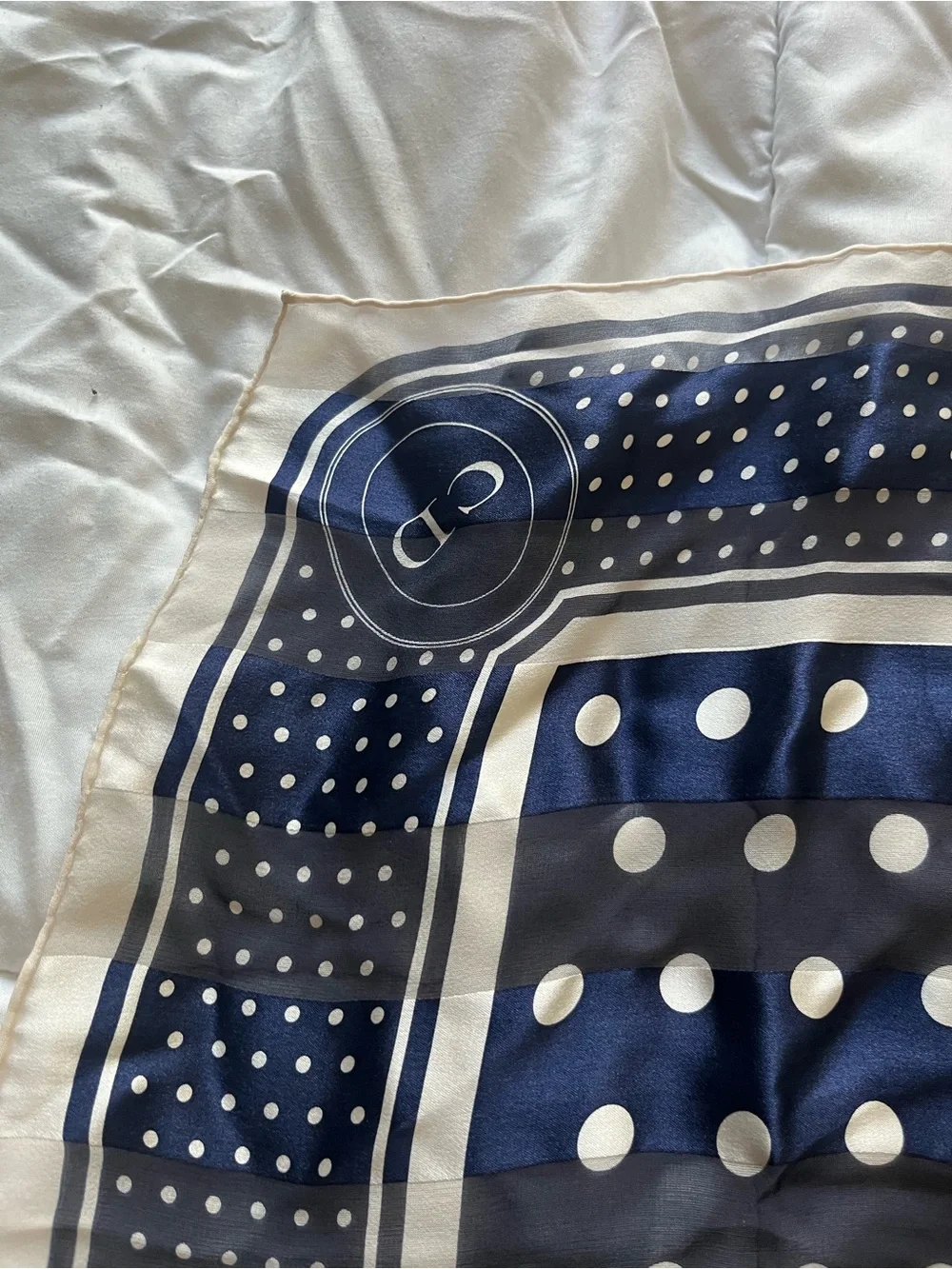 Dior Navy Blue and White Polka Dot Silk Scarf
